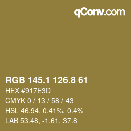 カラーコード: RGB 145.1 126.8 61 | qconv.com