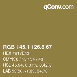 Color code: RGB 145.1 126.8 67 | qconv.com