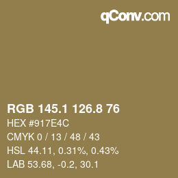 Color code: RGB 145.1 126.8 76 | qconv.com
