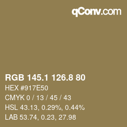 Color code: RGB 145.1 126.8 80 | qconv.com