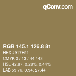 Color code: RGB 145.1 126.8 81 | qconv.com