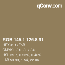 Color code: RGB 145.1 126.8 91 | qconv.com