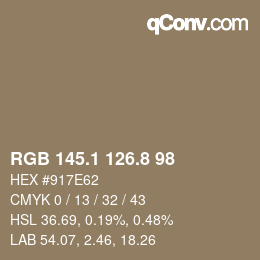 カラーコード: RGB 145.1 126.8 98 | qconv.com
