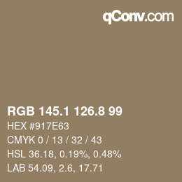 Color code: RGB 145.1 126.8 99 | qconv.com