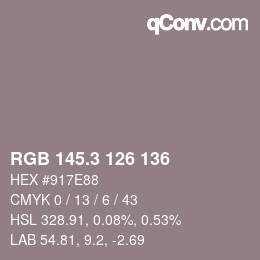 カラーコード: RGB 145.3 126 136 | qconv.com
