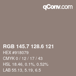 カラーコード: RGB 145.7 128.6 121 | qconv.com