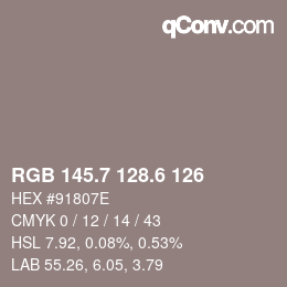 カラーコード: RGB 145.7 128.6 126 | qconv.com