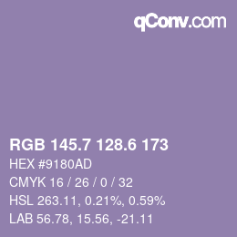 カラーコード: RGB 145.7 128.6 173 | qconv.com