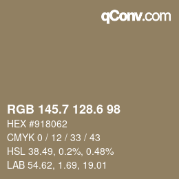 カラーコード: RGB 145.7 128.6 98 | qconv.com