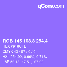 カラーコード: RGB 145 108.8 254.4 | qconv.com