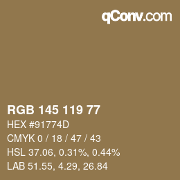 Color code: RGB 145 119 77 | qconv.com