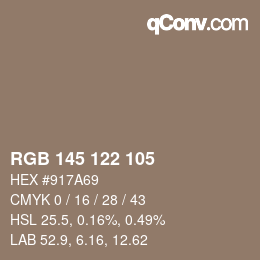 Color code: RGB 145 122 105 | qconv.com
