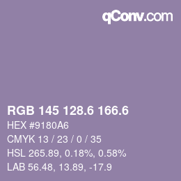 カラーコード: RGB 145 128.6 166.6 | qconv.com
