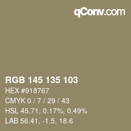 Color code: RGB 145 135 103 | qconv.com
