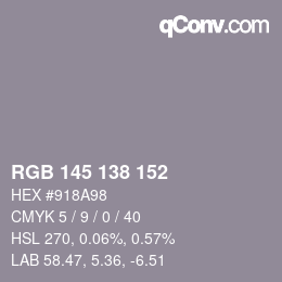 颜色代码: RGB 145 138 152 | qconv.com