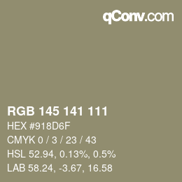 Color code: RGB 145 141 111 | qconv.com