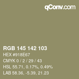 Color code: RGB 145 142 103 | qconv.com