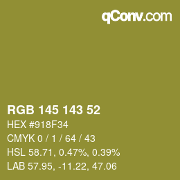 Color code: RGB 145 143 52 | qconv.com