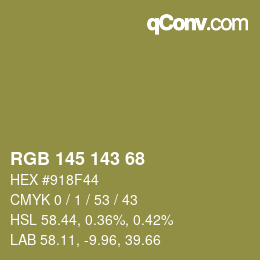 Color code: RGB 145 143 68 | qconv.com