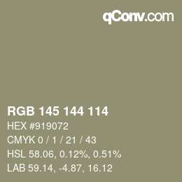 Color code: RGB 145 144 114 | qconv.com
