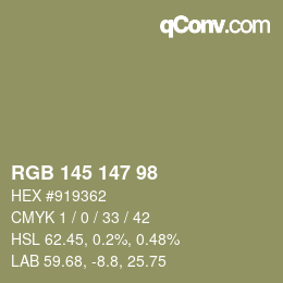 Color code: RGB 145 147 98 | qconv.com