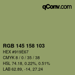 Color code: RGB 145 158 103 | qconv.com