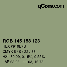 Color code: RGB 145 158 123 | qconv.com