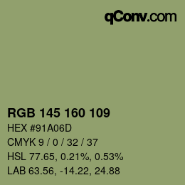 Color code: RGB 145 160 109 | qconv.com