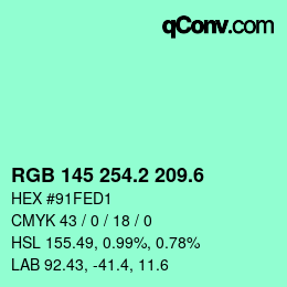 カラーコード: RGB 145 254.2 209.6 | qconv.com