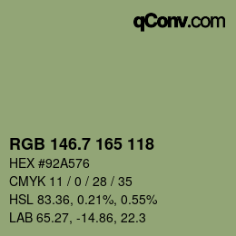 カラーコード: RGB 146.7 165 118 | qconv.com