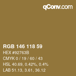 Color code: RGB 146 118 59 | qconv.com