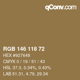 Color code: RGB 146 118 72 | qconv.com