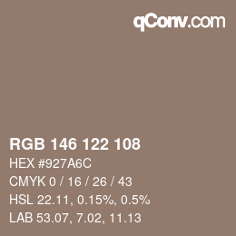 Color code: RGB 146 122 108 | qconv.com