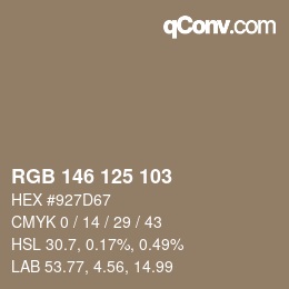 Color code: RGB 146 125 103 | qconv.com