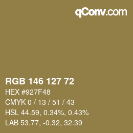 Color code: RGB 146 127 72 | qconv.com