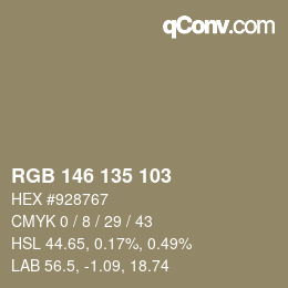 Color code: RGB 146 135 103 | qconv.com
