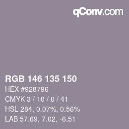 颜色代码: RGB 146 135 150 | qconv.com