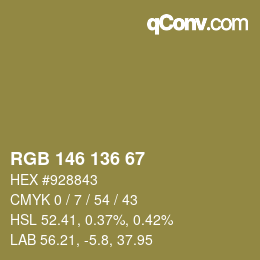 Color code: RGB 146 136 67 | qconv.com