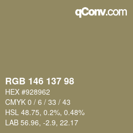 Código de color: RGB 146 137 98 | qconv.com