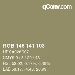 Color code: RGB 146 141 103 | qconv.com