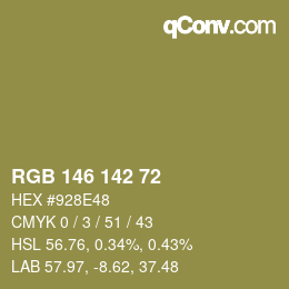 Color code: RGB 146 142 72 | qconv.com