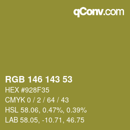 Color code: RGB 146 143 53 | qconv.com