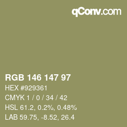 Color code: RGB 146 147 97 | qconv.com