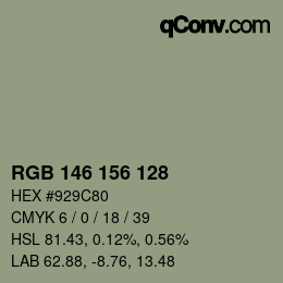Color code: RGB 146 156 128 | qconv.com