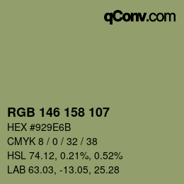 Color code: RGB 146 158 107 | qconv.com