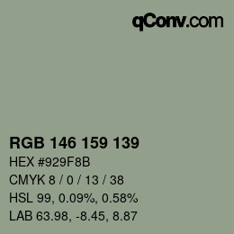 Color code: RGB 146 159 139 | qconv.com