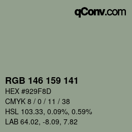 Color code: RGB 146 159 141 | qconv.com