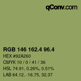 カラーコード: RGB 146 162.4 96.4 | qconv.com