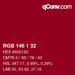 カラーコード: RGB 146 1 32 | qconv.com