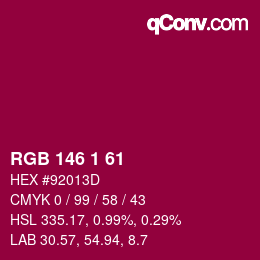 カラーコード: RGB 146 1 61 | qconv.com